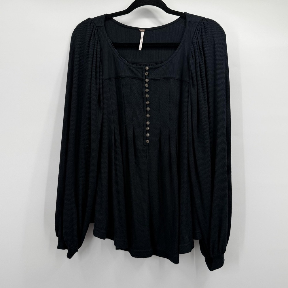 Free People Shirt Womens Small Black Button Scoop Neck Tunic Top Balloon Sleeve